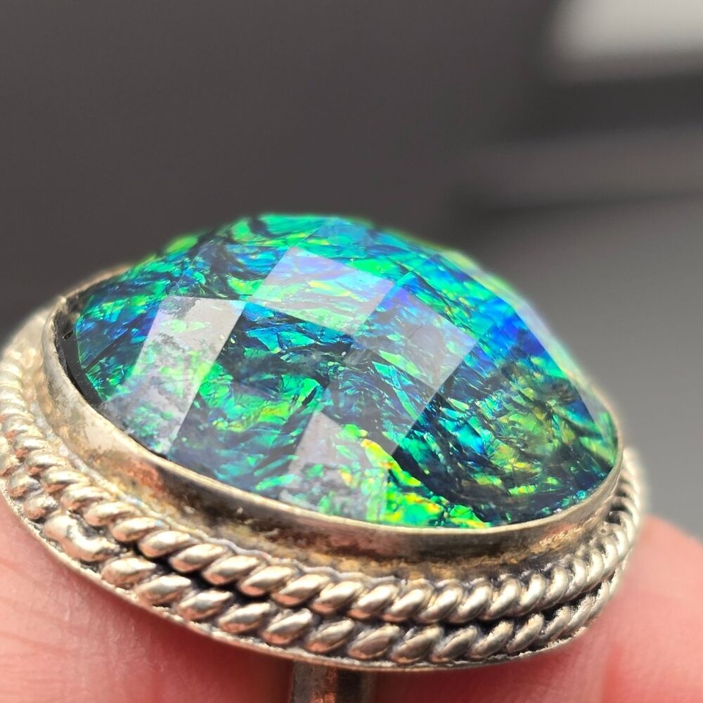 925 Sterling Silver Plated Faux Opal Ring Size 9.5 Bezel Setting Fine Jewelry - Picture 8 of 13
